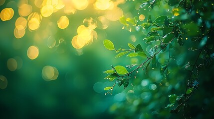 Poster - Lush Green Leaves Rain Water Droplets Nature Background