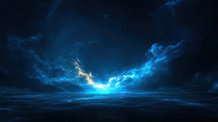 glowing blue nebula cloudscape over dark ocean.