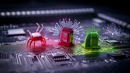 Poster - Colorful robotic insects interacting on a circuit board, showcasing technology and innovation