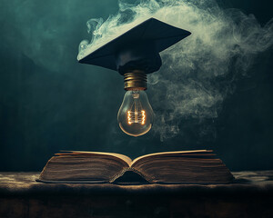 Poster - Graduation cap above glowing bulb on open antique book, smoke signifying knowledge and ideas, symbolizing education, enlightenment and wisdom
