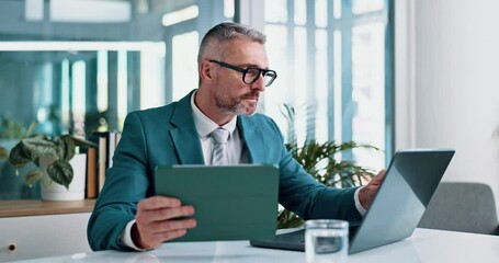 Fototapete - Laptop, tablet and business man in office for stock trading, planning budget and online proposal. Corporate, professional and mature person on tech for financial review, research and company revenue