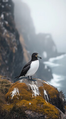 Aufkleber - Black-and-white seabird perched on mossy rock, dramatic coastal backdrop, conveying themes of wildlife, nature, and rugged beauty