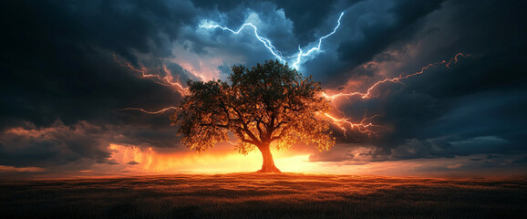 Poster - Lone tree silhouetted against dramatic sunset and lightning strikes, representing resilience, strength, and survival amidst adversity