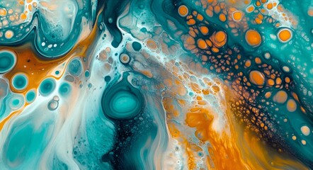 Poster - Fluid acrylic painting creating cells, bubbles and ripples with orange, white and turquoise colors mixing together