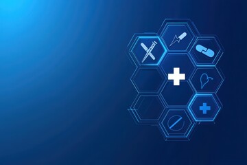 Poster - abstract blue medical background with hexagonal shapes and health icons for design use