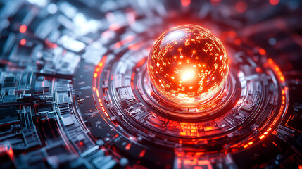 Poster - Glowing orange sphere on a dark, metallic, circular platform, showcasing technological innovation and futuristic design, ideal for technology or science backgrounds