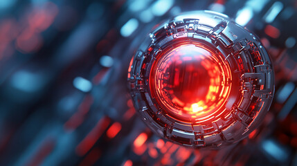 Poster - Close-up of metallic sphere with glowing red core, intricate detailing showcasing technological advancement and futuristic design, ideal for science fiction or technology concepts