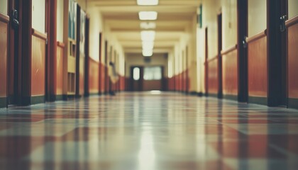 Poster - Stunning Abstract Blur In Vacant High School Hallway: A Productive Environment With De-Focused Visuals.