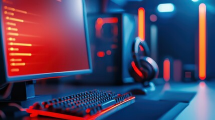 Poster - Futuristic Cyber Gaming Environment with Red and Blue Neon Lighting and High-Tech Accessories