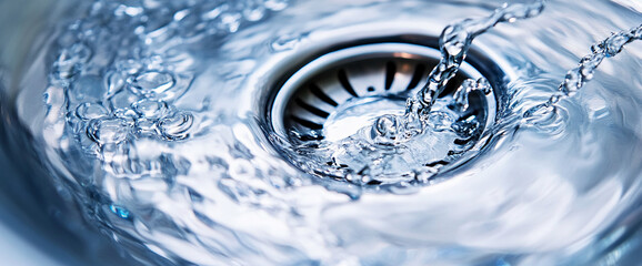 Poster - Close-up of water swirling into drain, showing texture and movement of liquid, representing fluidity, cleansing, and the cycle of water