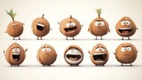 Cartoon coconuts with various expressions, bright background, for children's book or animated film