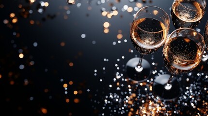 Poster - A black and platinum party arrangement featuring elegant props and scattered sparkles, with intentionally empty right side for text or visuals, 32k Resolution. 