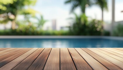 Poster - Blurred Empty Swimming Pool Mockup Wooden Top For Product Display And Advertising. Ideal For Showcasing Or Promoting Products. Great For Advertising.