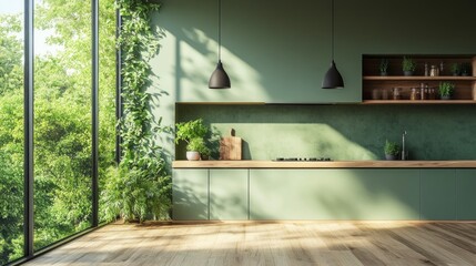 Aufkleber - This contemporary kitchen features green cabinetry paired with warm wooden elements. Large windows showcase a lush outdoor view, creating a serene atmosphere for culinary inspiration and gatherings
