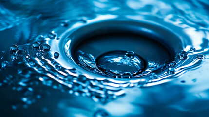 Fototapete - Close-up of blue water swirling into drain, showing ripples and bubbles, creating dynamic and abstract texture, representing flow, movement, and the cycle of nature