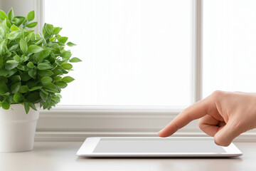 Poster - Engaging with a tablet while sitting by a window with a small plant nearby
