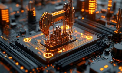 Poster - Futuristic Motherboard with Glowing Circuits and Intricate Golden Details