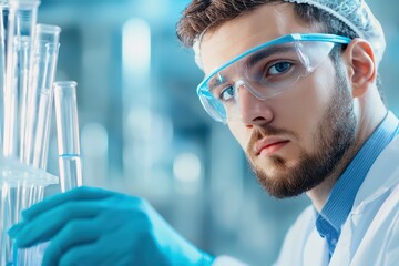 Poster - scientist conducting experiments in modern laboratory with test tubes and advanced equipment
