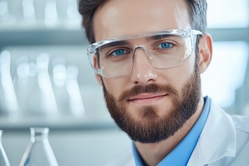 Poster - scientist analyzing research in modern high-tech laboratory with glassware and equipment