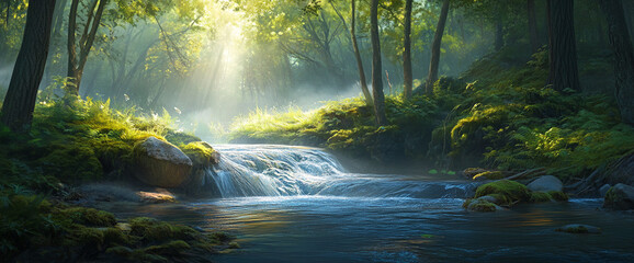 Poster - Serene forest stream scene, sunlight filtering through trees, creating a mystical atmosphere, showcasing tranquil nature, perfect for calming designs