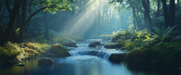 Poster - Serene forest stream scene, sunbeams illuminating lush greenery and tranquil water, showcasing nature's peace and tranquility
