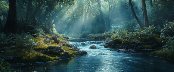 Poster - Serene forest river scene, sunlit water flowing over rocks, lush green vegetation, tranquil atmosphere, ideal for nature or relaxation themes