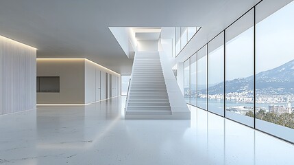 Poster - Modern Minimalist Interior Design White Staircase Cityscape View Luxury Home