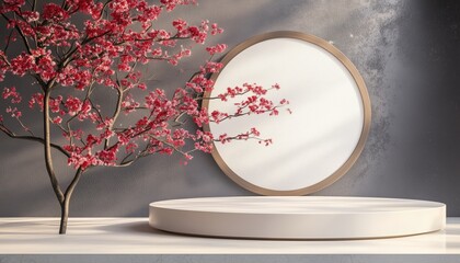 Poster - Japanese Decor: Podium And Cherry Blossom For Branding And Product Presentation. High-Quality Rendered Image For Visualizing Marketing Strategies And Product Displays.