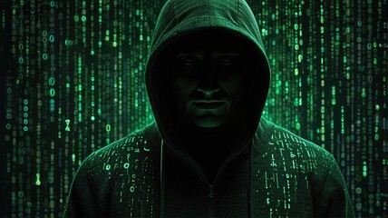 Portrait of a malevolent hooded figure with a glowing green binary code background. Cyber attack concept, online security.