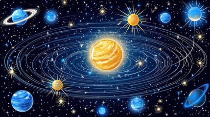 Wall Mural - solar system art planets orbiting a bright sun in a dark, starry space background
