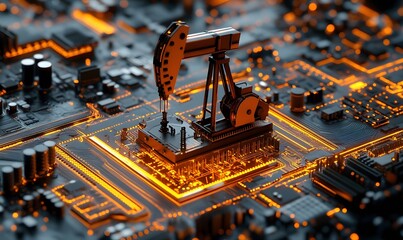 Poster - Digital Oil: Oil Derrick on a Glowing Circuit Board, Future of Energy
