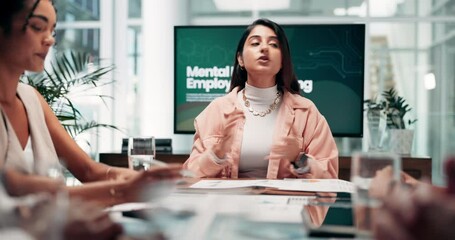 Poster - Business woman, discussion or presentation with screen for mental health training or employee wellbeing at office. Female person, coach or speaker talking to team in meeting for social support system