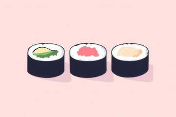 Poster - Flat sushi roll icon featuring varieties of Japanese food in clean minimal style with pastel tones for modern culinary branding