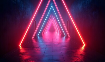 Aufkleber - Futuristic Neon Tunnel with Geometric Triangle Design and Glowing Lights