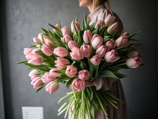 Poster - A woman holds a large bouquet of pink tulips against a gray backdrop.