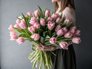 Poster - A woman holds a large bouquet of pink tulips against a gray backdrop.