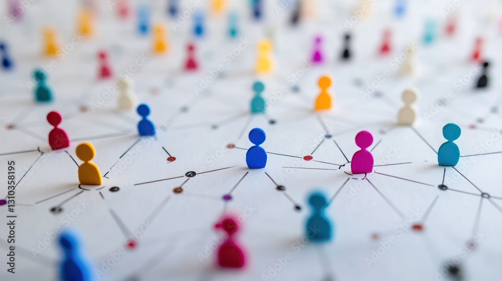 Multicolored miniature figures connected by network lines over a ...