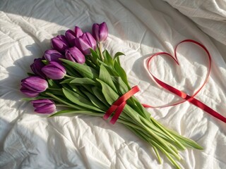 Poster - A bouquet of purple tulips tied with a red ribbon, placed on a soft white fabric.