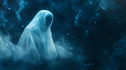 A ghostly astronaut floating through the starry cosmos on halloween night sci fi photography concept with copy space for text. Spectral - Ghost. Illustration