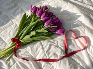 Poster - A bouquet of purple tulips tied with a red ribbon, placed on a soft white fabric.