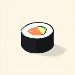 Poster - Flat sushi roll icon featuring salmon and avocado in clean minimal style with pastel tones perfect for Japanese food branding and design