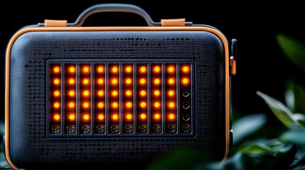 Poster - Compact electronic device with illuminated display, surrounded by green foliage in soft lighting