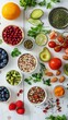 © liliyabatyrova - An array of colorful healthy ingredients including fruits, vegetables, and grains artfully arranged on a bright white background highlights the beauty of nutritious choices and balanced eating