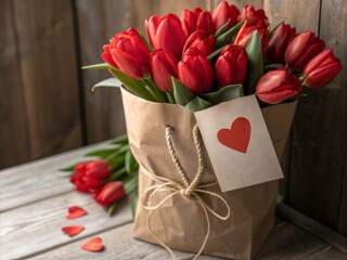 Poster - A bouquet of red tulips in a brown paper bag sits next to a love-themed gift tag.