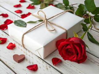 Aufkleber - A beautifully wrapped gift box accompanied by a red rose and scattered rose petals.