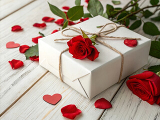 Aufkleber - A beautifully wrapped gift box accompanied by a red rose and scattered rose petals.