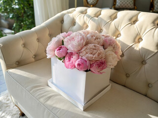 Poster - A beautiful arrangement of pink peonies in a white square vase resting on a stylish couch.