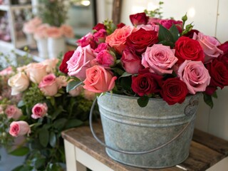 Poster - A vibrant assortment of roses in a metal bucket, contrasted with softly blurred flowers in the background.