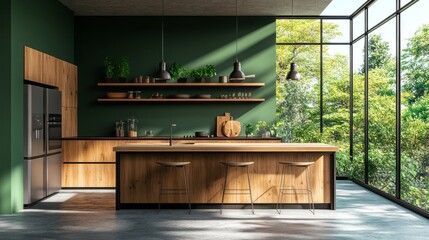Aufkleber - This contemporary kitchen features deep green walls, wooden cabinetry, and ample natural light flowing through large windows. A minimalist approach highlights the beauty of simplicity and nature