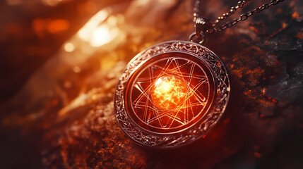 Wall Mural - Ancient magic glowing crystal pendant necklace radiating allure. Esoteric - Symbols. Illustration
